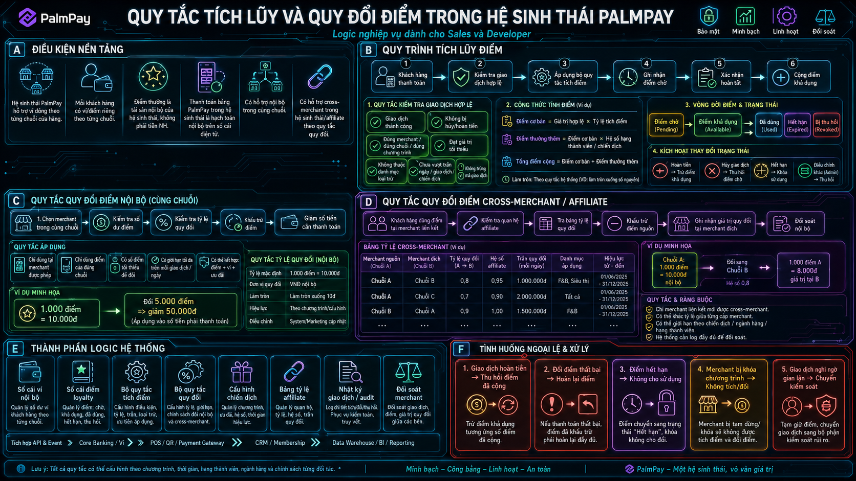 Quy tắc PalmPay Loyalty Engine về tích điểm, quy đổi, cross-merchant, thành phần hệ thống và xử lý ngoại lệ